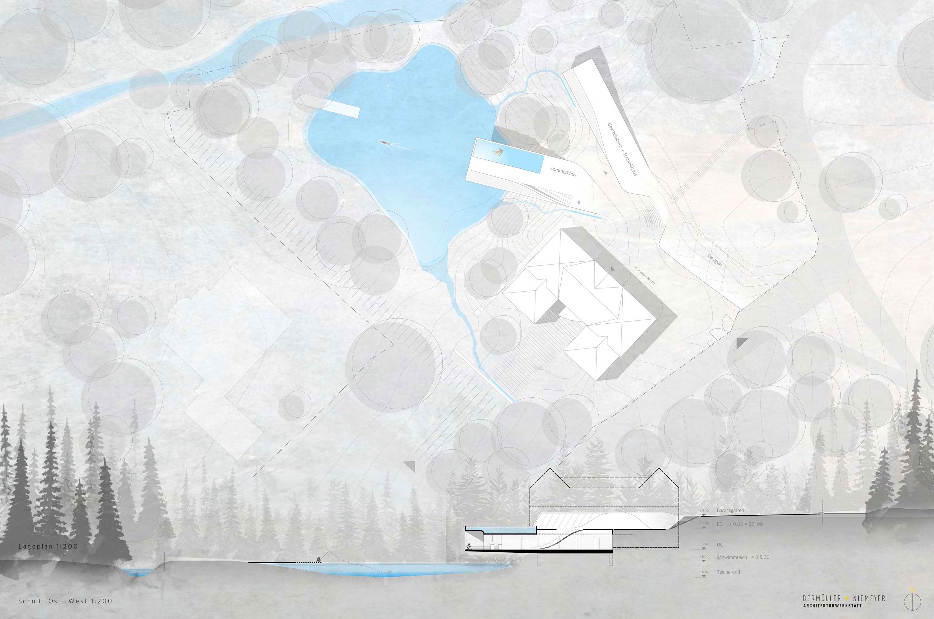 Der Lageplan und Geländeschnitt vom Entwurf für den Wettbewerb Haus am See in Schwabach.