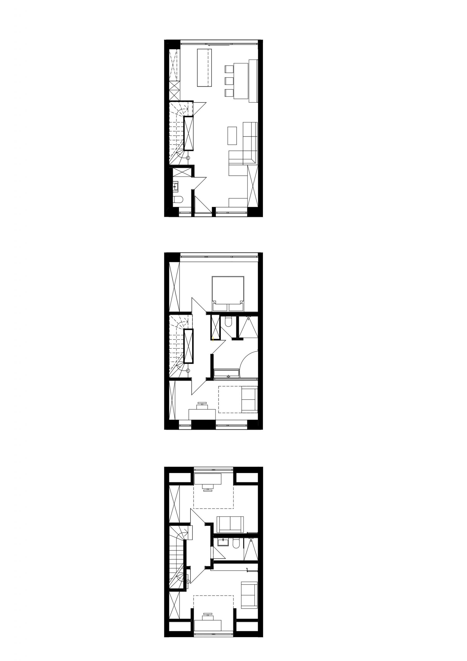 Der durchgesteckte Reihenhaus-Grundriss des Erd-, Ober- und Dachgeschosses des umgebauten Hauses 