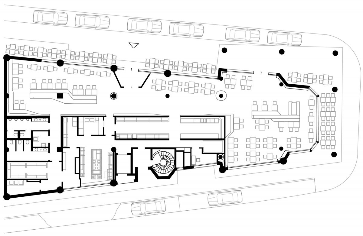 Der Grundriss des Restaurants Fuji Yama in Nürnberg entworfen von der Bermüller+Niemeyer Architekturwerkstatt aus Nürnberg.