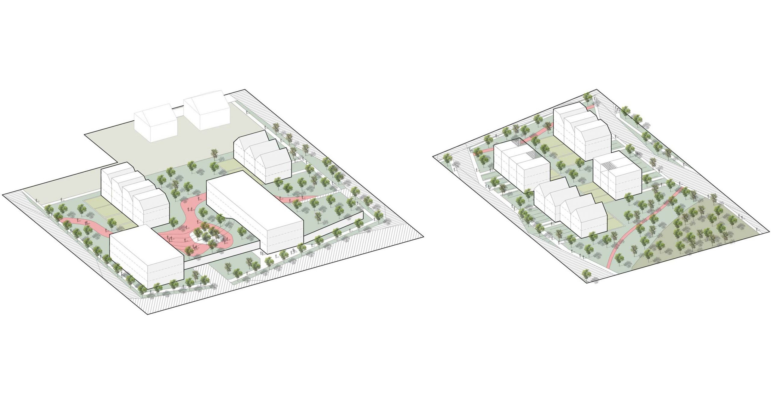 Der städtebauliche Entwurf der Bermüller+Niemeyer Architekturwerkstatt beim Wettbewerb BUC36 in Rangsdorf bei Berlin.