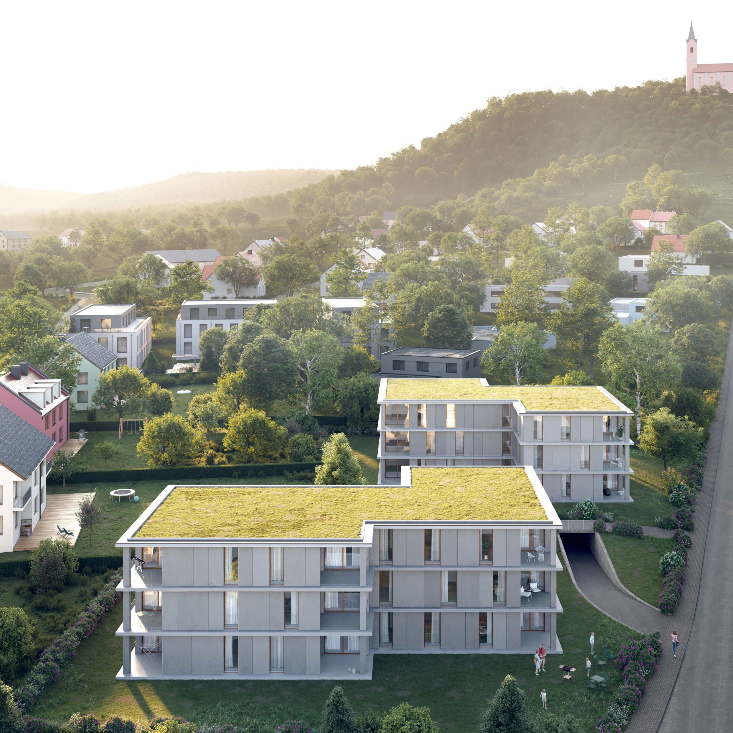 Nachhaltig bauen - Vogel-Perspektive auf die Villen WNK.